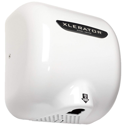Vista lateral del secamanos anti-vandálico Xlerator en acabado epoxi blanco.