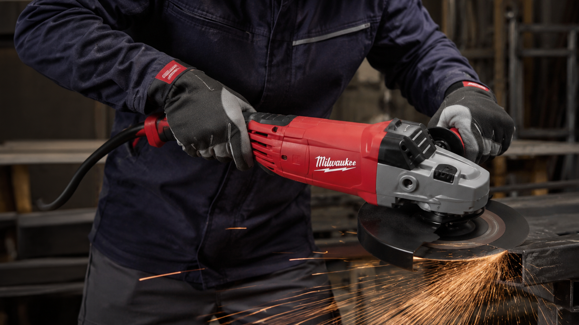 Amoladora angular Milwaukee de 2200W con disco de 230mm en funcionamiento cortando metal en entorno industrial.